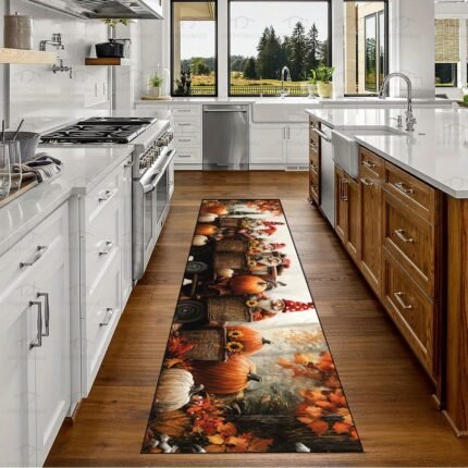HKStorage Thanksgiving Autumn Leaves Gnomes and Pumpkins Long Rug Runner - Machine Made 1000g/m² Crystal Velvet with Non-Slip Silicone Backing, 1.8m+, Rubber Bottomed, Polyester, Washable Rug for Hallway/Kitchen/Living Room/Garage/Patio/Hotel Corridor, Exhibition & Home Decor