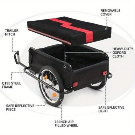 Heavy-Duty Steel Bike Trailer Rack with 16" Quick-Release Wheels, 100kg Capacity, High Quality Black Fabric & Red Trim, Spacious 130x68x45cm Cargo Area, Includes Top Cover & Cloth Pocket for Cycling, Shopping, Outdoor Adventures, Bike Rack, MOTOOS