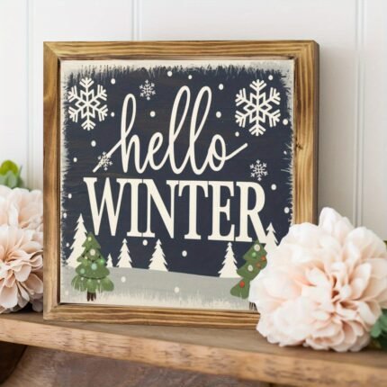 Hello Winter Vintage Wood Framed Wall Art - 8x8 Inch, Farmhouse Decor for Living Room, Entryway & Bedroom - Perfect Home Decoration for Winter - Ideal Gift for Christmas