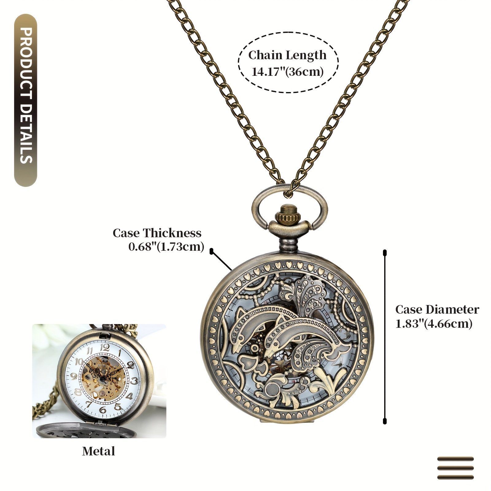 1775c8de-219e-4797-8c8b-84abf3848bbc.jpg Vintage Automatic Mechanical Pocket Watch, Hollow Dolphin Case, Arabic Numeral Dial, Birthday Anniversary Christmas Gift - Image 1