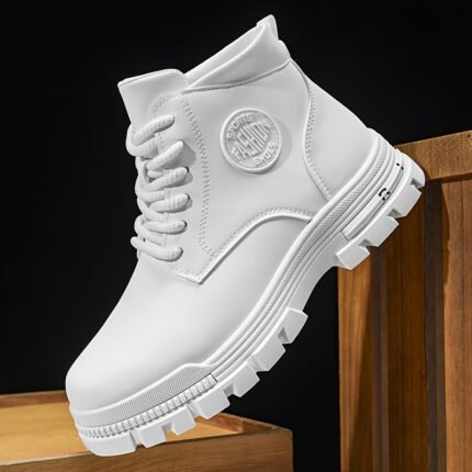Men's White Boots - Mid-Calf Height Chunky Sole Rugged Traction Tread, Lace-Up Round Toe Winter & Autumn Boots for,M Casual & Casual Attire - Comfortable Durable Boots for Men with Cushioned Insole & Arch, Solid White PU Upper & PVC Sole, Ideal for & Urban Adventures, Winter Boots For Men, Shoes For Men High Quality, Mens Thick Sole Shoes Boots, Barefoot Boots, Mens Winter Boots, Shoes For Men  High Top Shoes For Men, Tactical Boots For Men, Dress Shoes For Men,