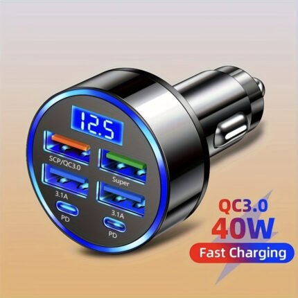 1pc-6 Port Ultra High Speed Car Charger - Dual PD Port, LED Voltage Monitor, 4 USB and 2 Type-C Multi Port Adapter, Suitable for Fast Charging on the Road - General Motors Parts
