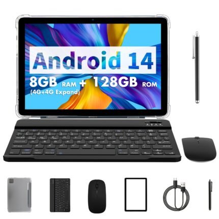 PRITOM 10. 1-inch Tablet Android 14, 2-in-1 Tablet With Keyboard, Mouse, Case, Stylus, 8GB (4GB + 4GB Expansion) RAM 128GB ROM + 1TB Expansion Support, Dual 8 Megapixel Cameras, Octa-Core CPU, 8000mAh, 1280x800 IPS Display, Wi-Fi 6, Tablet, Pad