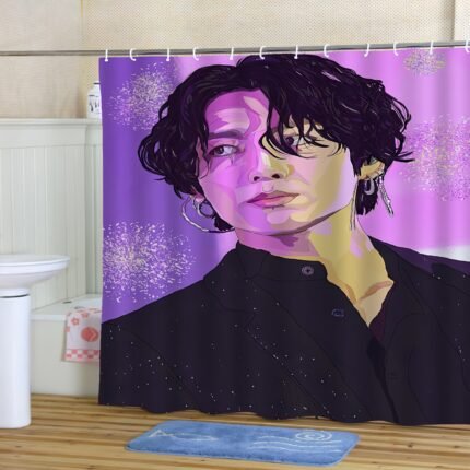 1pc K-POP Star-Inspired Shower Curtain - Vibrant Purple & Pink Digital Print, Polyester, Machine Washable, Includes Hooks, Ideal for Bathroom Decor, Shower Curtains for Bathroom
