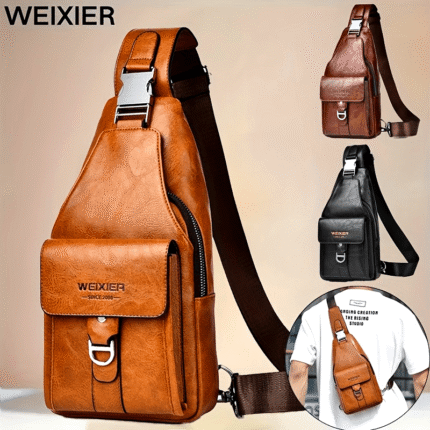 WEIXIER Men'S Vintage Casual Chest Bag - Large Capacity, Multi-Compartment, Faux Leather Sling Crossbody Pack