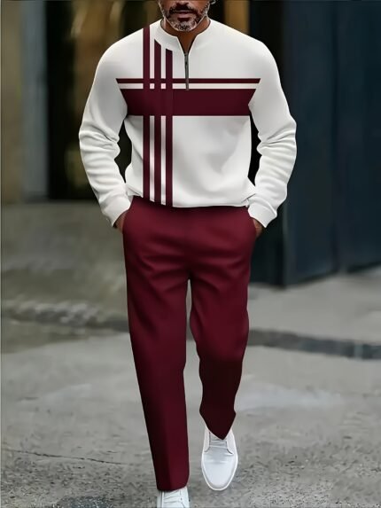 2025 New Classic Wine Red Striped Pattern Men'S Casual Sports Suit, Fashionable And Simple Men'S Half-zip Long-sleeved T-shirt + Sports Casual Comfortable Trousers, Suitable For Daily Use, Sports, And Walking