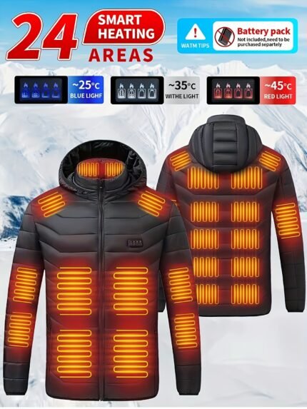 Smart Heated Jacket for Men & Women - USB-Powered Electric Heating with 24 Heating Zones, Adjustable Temperature (-5°C to +25°C), Hooded Full-Zip Winter Jacket for Outdoor Sports, Fishing, Camping & Hiking (Machine Washable Polyester, Power Source Not Included)