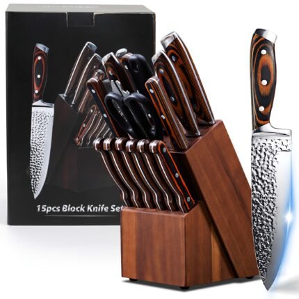 Professional Knife Sets For Kitchen, 15/20pcs Medium Carbon Stainless Steel Kitchen Knife Set With Block And Sharpener, Ultra-Sharp Hammered Knife Set With Triple Rivet Wooden Handle, Dishwasher Safe, Family Gift Selection