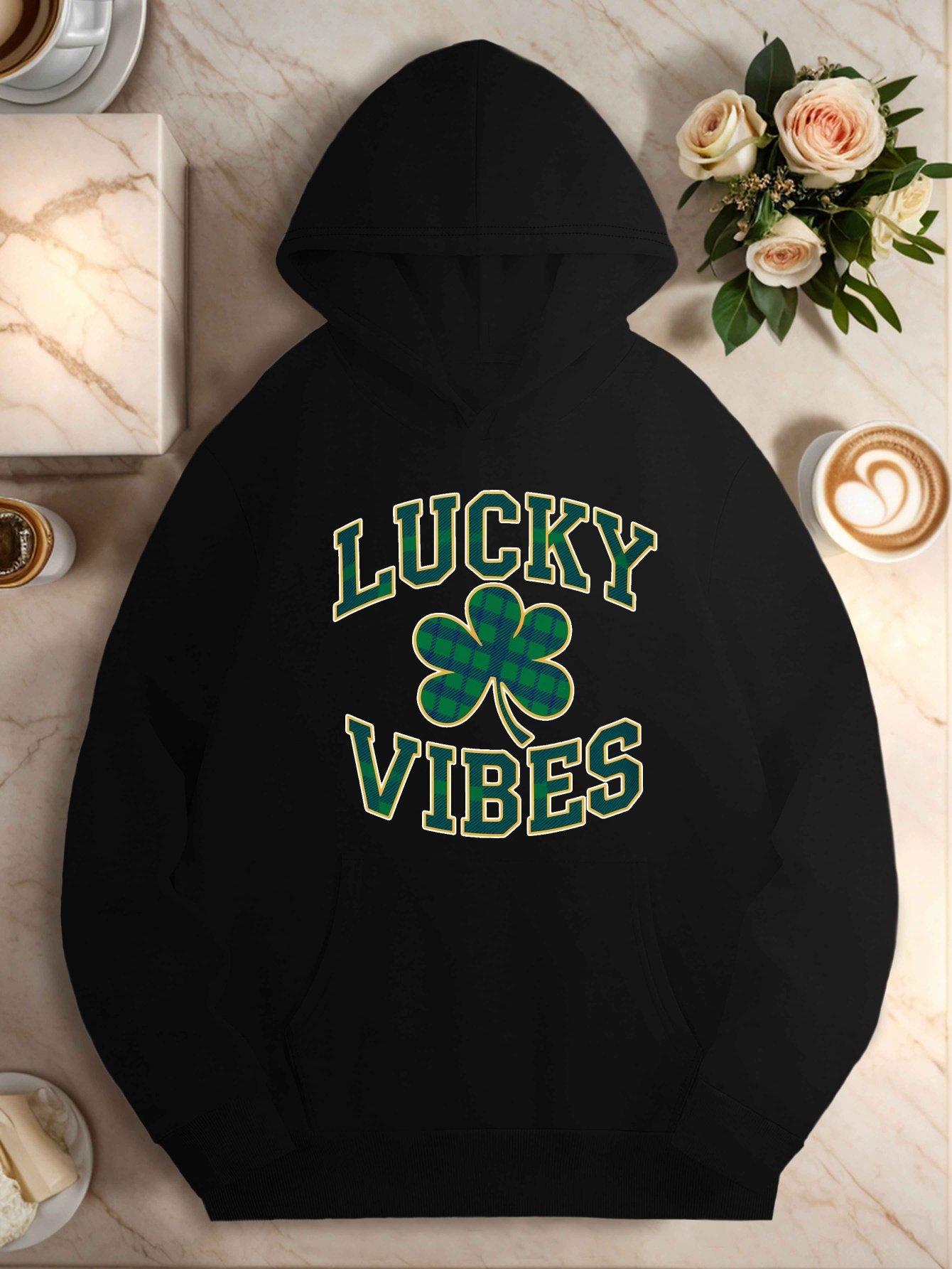 19b1aa160d3a4c0bb65e50b5f77281e9-goods.jpeg 1pc Lucky Vibes Plus Size Women'S Casual Hoodie with Shamrock - Polyester Knit Sweatshirt with Geometric Pattern, Hood, Pocket Detail, Autumn/Winter Collection - Image 1