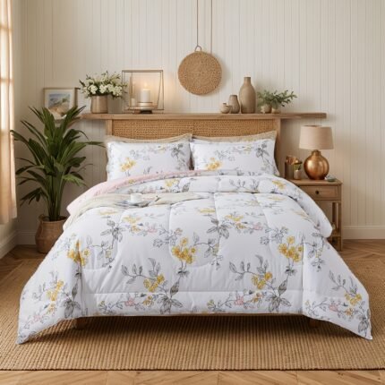 3Pcs 100% Cotton Shabby Floral Chic Summer Comforter Set, Grey Yellow Pink Leaf Flower Print Garden Style Soft Thin White Down Alternative Comforter Bedding, Luxury Farmhouse Lightweight Bed Set, Twin Queen King, (1 Comforter, 2 Pillowcases)