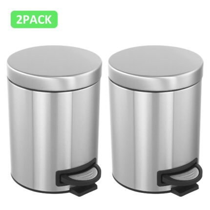 2Pack- 5L/ 1.3 Gallon Premium Stainless Steel Trash Can, Small Round Garbage Can, Bathroom Trash Bin with Soft Close Lid Foot Pedal & Inner Bucket, Perfect for Kitchen Home Office Bedroom Living Room