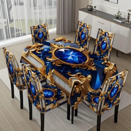 5pcs/ 7pcs blue gemstone pattern tablecloth and chair cover set, 5pcs (1 tablecloth 4 chair covers), 7pcs (1 tablecloth 6 chair covers), non-slip tablecloth chair covers, suitable for family gatherings, festive table and chair decorations