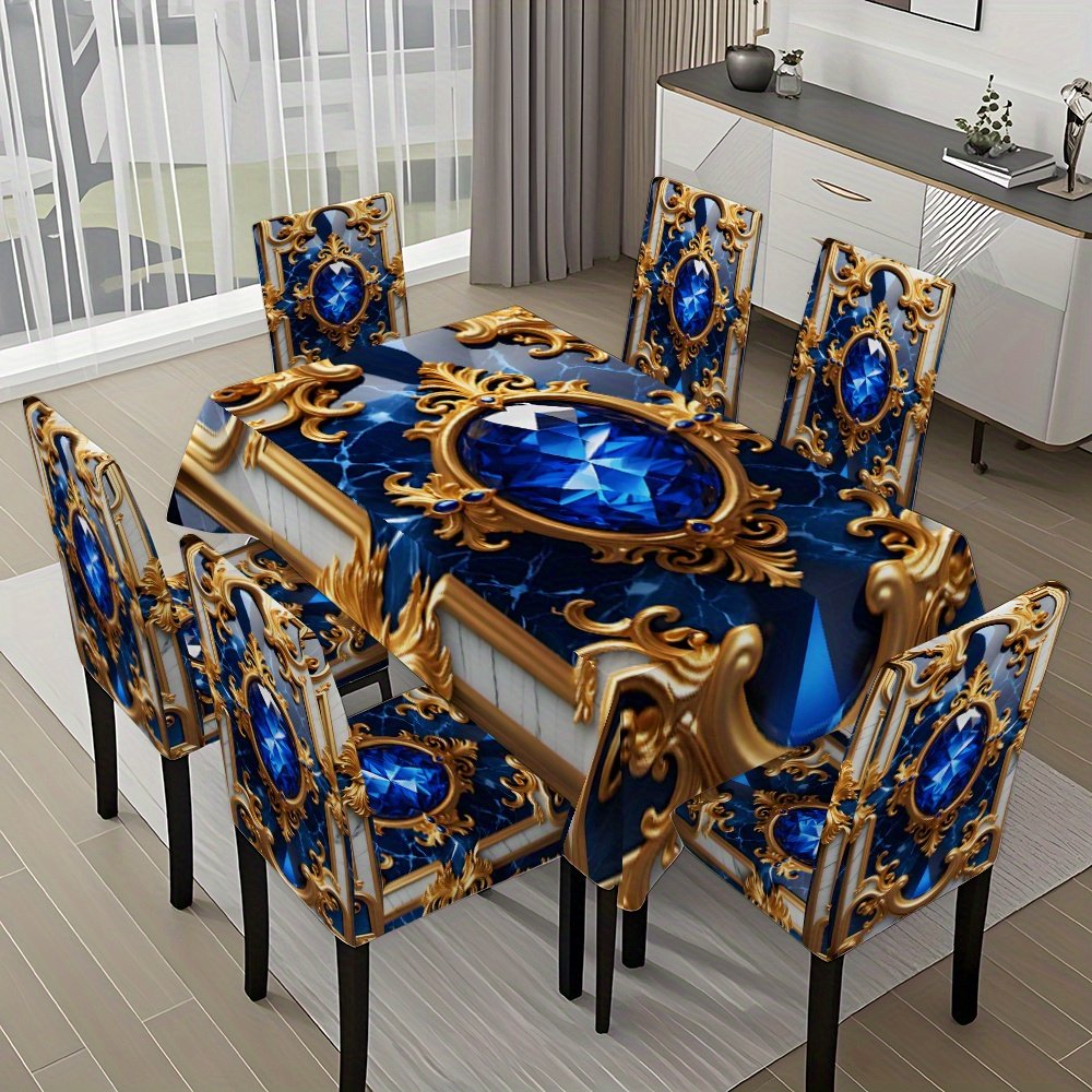 1a75ddff9aed4194ba0a79751df8ff16-goods.jpeg 5pcs/ 7pcs blue gemstone pattern tablecloth and chair cover set, 5pcs (1 tablecloth 4 chair covers), 7pcs (1 tablecloth 6 chair covers), non-slip tablecloth chair covers, suitable for family gatherings, festive table and chair decorations - Image 1