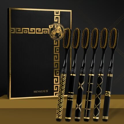 HENKE 6-Pack New Black Golden Series High-End Gift Box with Extended And Widened Brush Head for Efficient Cleaning. Suitable for Household Use, Adults, Couples, Travel, Soft Bristled Manual Toothbrush