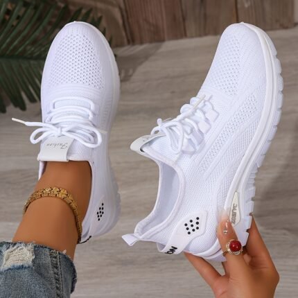 Women's Breathable Knit Casual Sneakers - Lightweight Cushioned EVA Sole, Anti-Slip Traction, All-Season Comfort, White Low-Top Lace-Up Shoes for Casual Attire & Light Workouts, Ladies Sneakers, Comfortable Footwear, Sleek Design, Minimalist Style, Durable Construction, Women