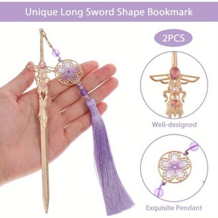 2pcs Elegant Metal Sword Bookmarks with Tassels - Sword Shaped Design, Purple & Green, Ideal Gifts for Book Lovers & Craft Enthusiasts
