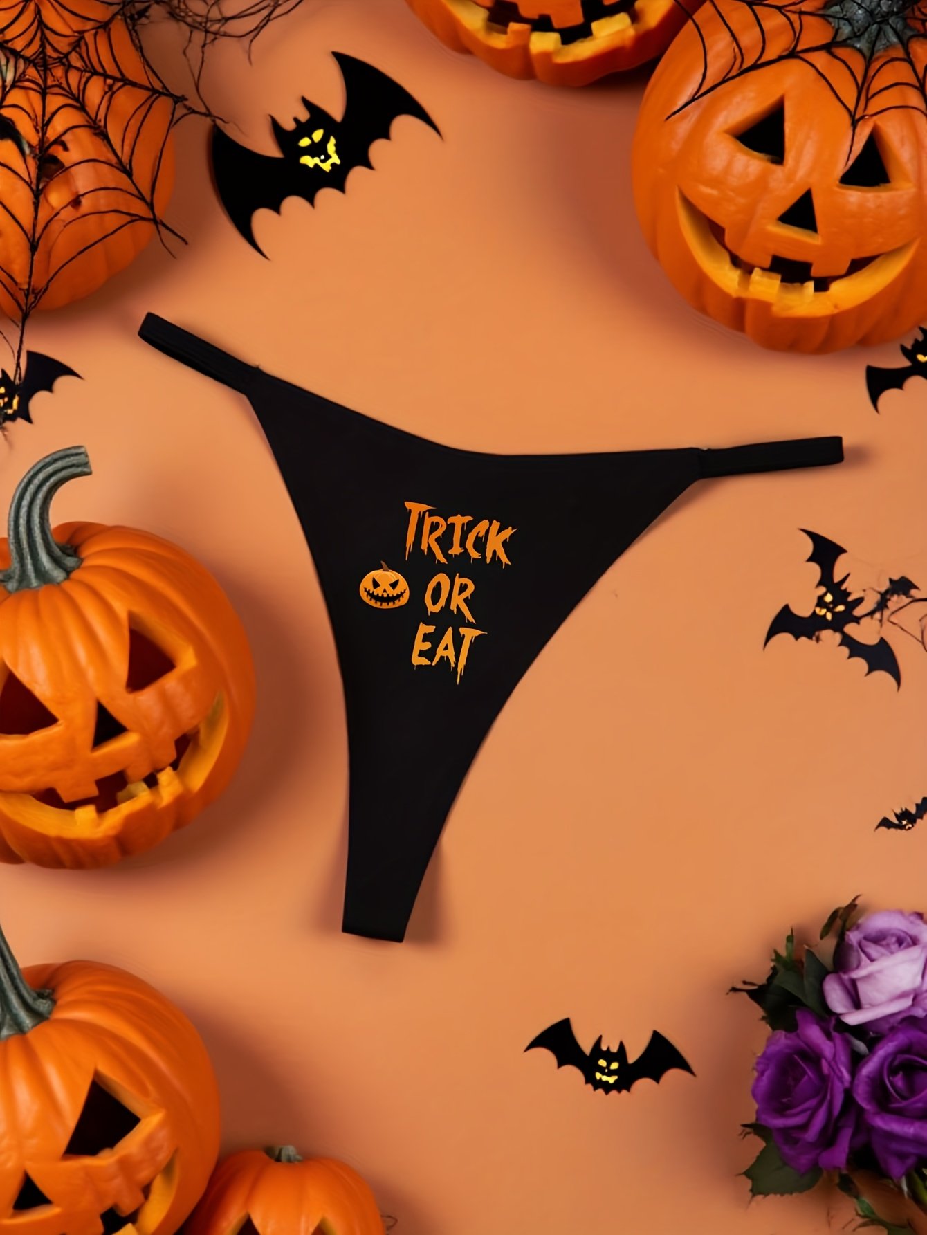 1b49b382-e389-464d-84eb-38ac3f028783.jpg Women's Halloween Panties with 'TRICK EAT' Print and Orange Pumpkin Pattern, Breathable Comfort T-Shirt - Image 1
