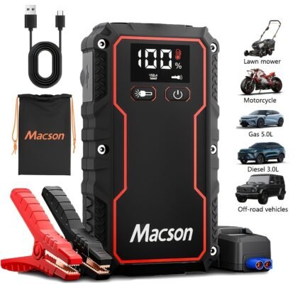 12V New Car Jump Starter, 1000A Portable Jump Starter For 5.0L Gasoline/3.0L Diesel Cars, USB Type-C And USB Output, 5 Modes Flashlight, LED Display, Rechargeable Lithium Polymer Battery.