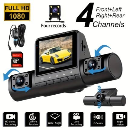 4-Channel Car Dash Cam with Front, Left/Right Rear Cameras - 1080P HD Night Vision, Night Vision, Loop Recording, Parking Monitor, Motion Detection, G-Sensor, Free 64GB SD Card - Compatible with Smartphone for Taxi, Truck, SUV, Sedan - Compact design, Dash Cam for Cars, Vehicle Security Camera, Integrated Display Screen, Durable Camera System