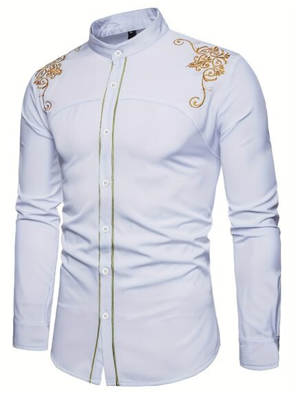 Men's Casual Shirt | White Polyester Long Sleeve with Golden Floral Embroidery | Stand Collar | Button-Up, Machine Washable & Dry Clean Safe | Ideal for Spring/Autumn Outdoor Leisure Activities