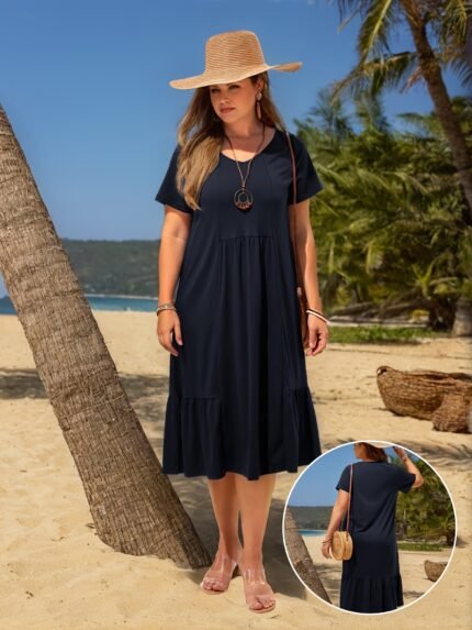Plus Size Ruched Solid Loose Dress, Vacation V Neck Short Sleeve Dress, Women's Plus Size Clothing