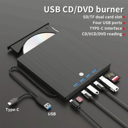 8-in-1 USB 3.0 & Type-C Portable External DVD/CD/RW Drive - Slim Plug & Play Burner for Laptop, PC, Windows/Mac/Linux - HD Playback, 4 USB Ports, SD/TF Card Reader
