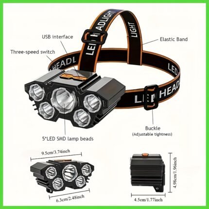 Buy 1 Get 1 Free - Multi-Function 5-LED Headlamp | 1500LUMEN High Power, USB Rechargeable with Long-Lasting Runtime for Camping, Auto Repair, Work & Home Renovation, Handsfree Light, Camping Gear, Adjustable Headband, Portable Lighting, Durable Construction, Highpower LED, Bright Flashlight, LED Headlight, Car Mechanics, DIY Enthusiasts