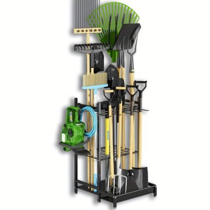 Garden Tool Organizer for Garage, Utility Storage Racks with Hooks, Metal Yard Tool Stand Holder Organizer for Long-Handled, Broom, Shovel, Rake, Sturdy Heavy Rack for Outdoor, Yard, Black For Store Display
