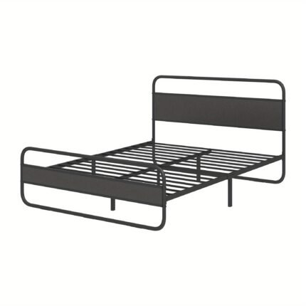 Queen Bed Frame Metal Slats Platform with Safe Rounded Corner Wood Headboard