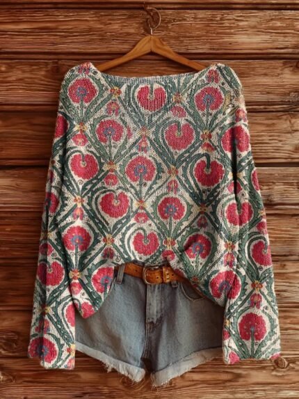 Autumn and winter retro colorful floral pattern Women's sweater, lazy and relaxed, casual and fashionable