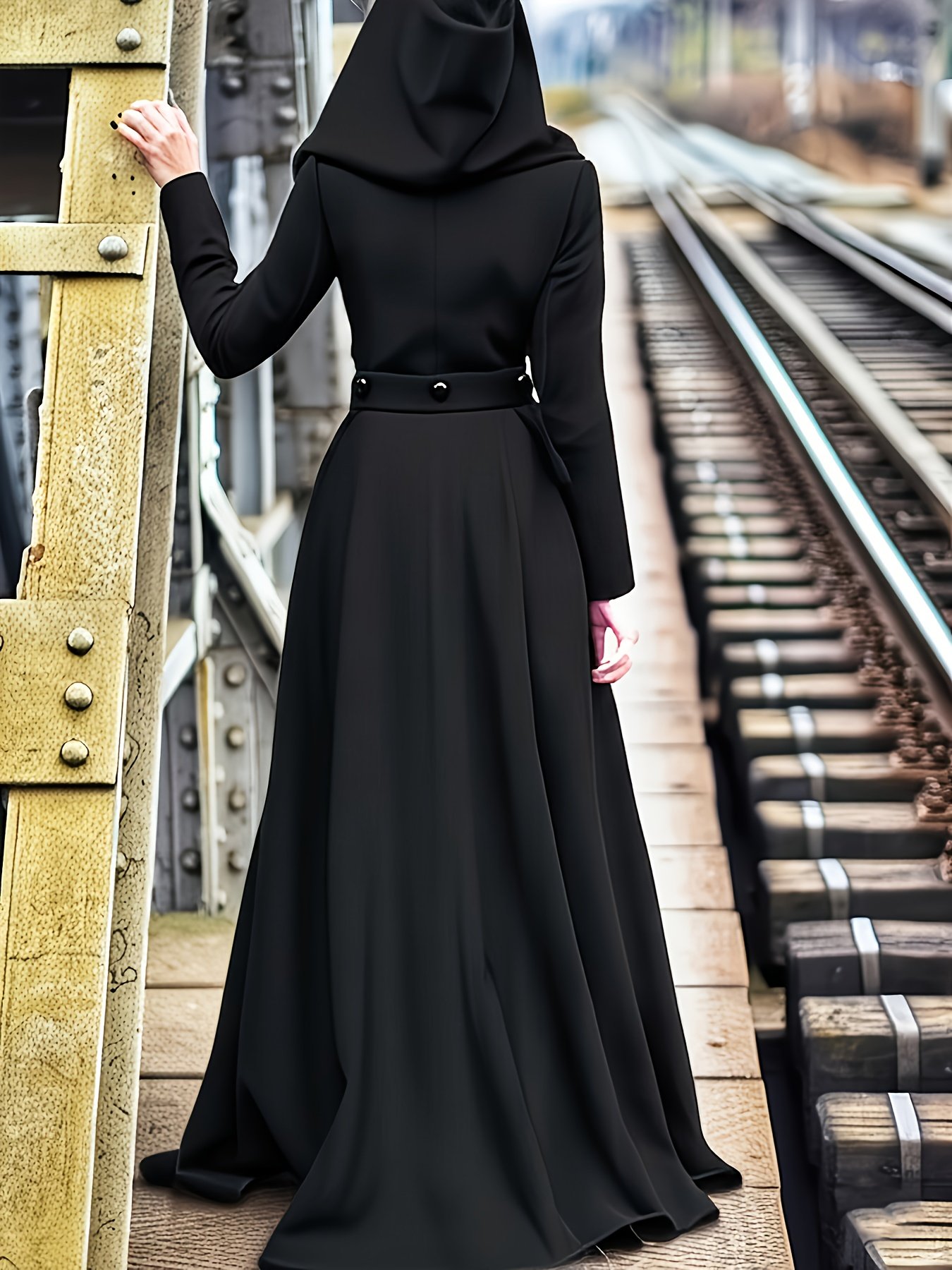 1fc9ad2b-5431-4348-9b95-0040d61b2a39.jpg Gothic Halloween Hooded Long Dark Jacket, Unique Tweed Coat with Waist Drawstring for Fall/Winter Parties and Outfits – Extra-Long Hem Creates a Stylish Atmosphere! - Image 1