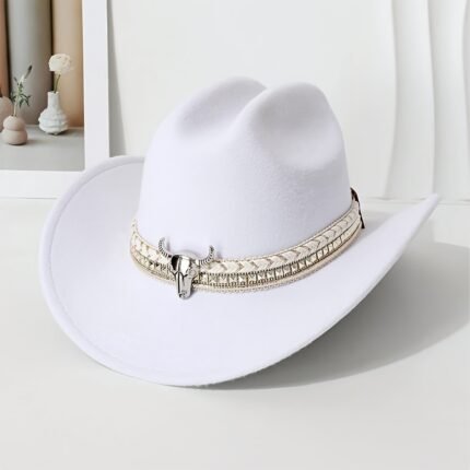 1pc Western Cowboy Hat for Men & Women - Classic Black Wide Brim with Metallic Bull Headband, Hand- White Conical Accent, Reinforced Hard Hat Top for Parties, Costume Parties, Themed Events - Stylish & Durable Gift for Cowboy Enthusiasts, Cowboy Hat for Christmas, Costume Accessory, Durable Headgear