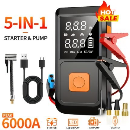 A Portable Car Emergency Start Power Supply, 6000mAh Large Capacity Battery, 150PSI, Dual Safety Protection, Lightweight And Dual Function, Lighting, Fast Inflation, Preferred Halloween/Christmas Gift, Essential for Outdoor Travel And Camping