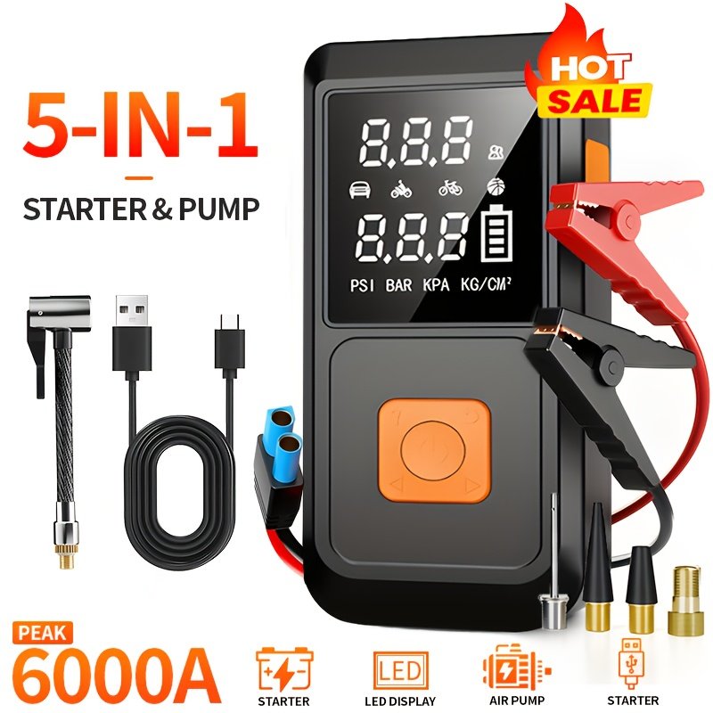 209a263b-7b6b-4e60-98cc-6a0333b43ad3.jpg A Portable Car Emergency Start Power Supply, 6000mAh Large Capacity Battery, 150PSI, Dual Safety Protection, Lightweight And Dual Function, Lighting, Fast Inflation, Preferred Halloween/Christmas Gift, Essential for Outdoor Travel And Camping - Image 1