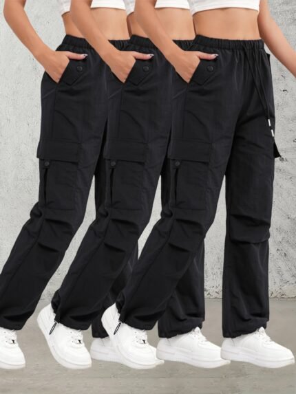 3pcs High-Waisted Cargo Pants for Women - Lightweight Breathable Polyester with Elastic Drawstring Waist, Multiple Pockets, Loose Fit All-Season Casual Workwear, Beige, Black, Brown, Loosefit Pants, Street Style Pants, Nonstretch Fabric