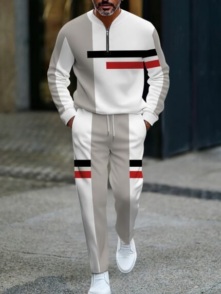 Men'S Stylish Casual Long Sleeve T-Shirt and Pants Set - White with Black and Red Geometric Pattern, Polyester, All-Season Comfort, Casual Attire|Geometric Pattern Top|Polyester Fabric
