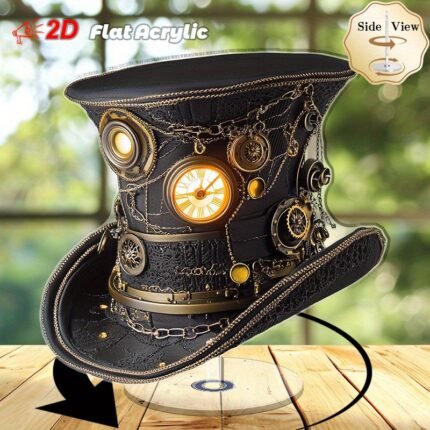 2D Flat - [2D Flat] 1pc Victorian Steampunk Derby Hat 2D Flat Acrylic Desktop Ornament - Intricate Mechanical Design with Golden Dials & Chain Accents, Ideal for Elegant Home or Office Decor, Office Decoration | Steampunk Design | Detailed Craftsmanship, Steampunk Decor