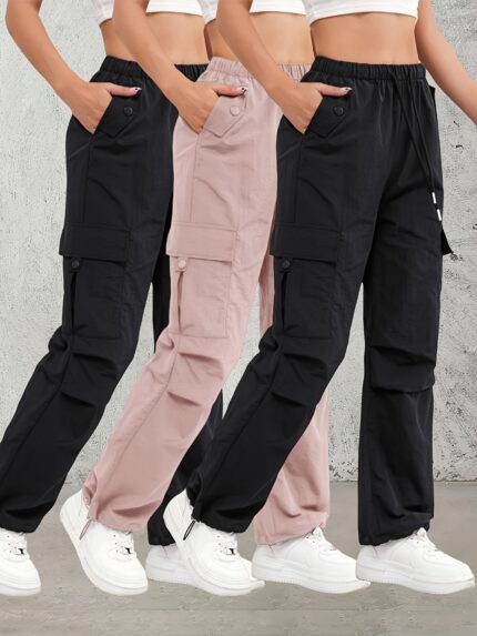 3pcs Women's High-Waist Cargo Pants - Quick-Dry Lightweight Polyester Pants with Elastic Drawstring Waistband, Straight Wide-Leg Utility Trousers for Gym, Travel, Hiking - All-Season Workout & Everyday Pants (Beige/) - Non-See-Through Fabric, Travel Clothing, Functional Design, Breathable Material, Fitness Enthusiasts