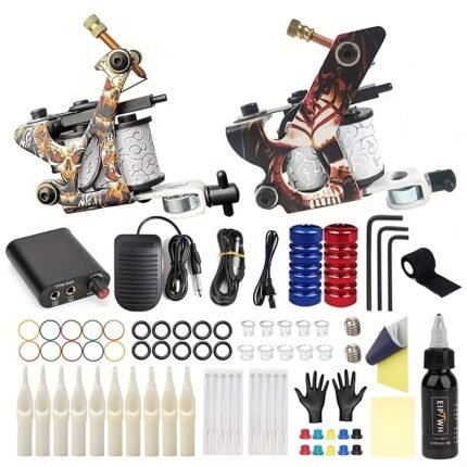 NISIMP Two Professional Complete Coil Machine Tattoo Gun Kits (with Mini Power Supply, Foot Pedal, Tattoo Nozzle, Tattoo Needles, Tattoo Ink Power Cord, Wrenches, Grips, Etc.) All The Tattoo Consumable Inks A Beginner Needs!