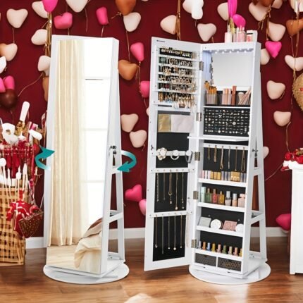Jewelry Armoire with 360° Swivel Base | 3-Tier Adjustable Shelves & Mirror Doors | Bridal Jewelry Storage Cabinet for Necklaces, Fashion Glasses | Modern Home Decor Organizer for New Homeowners, Couples, women, friends, Birthday Gift,Wedding,Bridal Shower, Jewellery Cabinet with Mirror, Contemporary Design, Stylish Storage Solution, Polished Finish, Durable Jewelry Display, Multitier Organizer, Bridal Accessories, Women's Jewelry Display, Jewelry Armoires