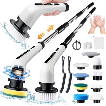 2025 Electric Rotary Scrubber, Rechargeable Cleaning Brush, Shower Scrubber with 9 Brush Heads, 2H Power Dual Speed, Adjustable Extended Handle, IPX7 Waterproof, for Tub Tile Floors Car, White Easter Gift