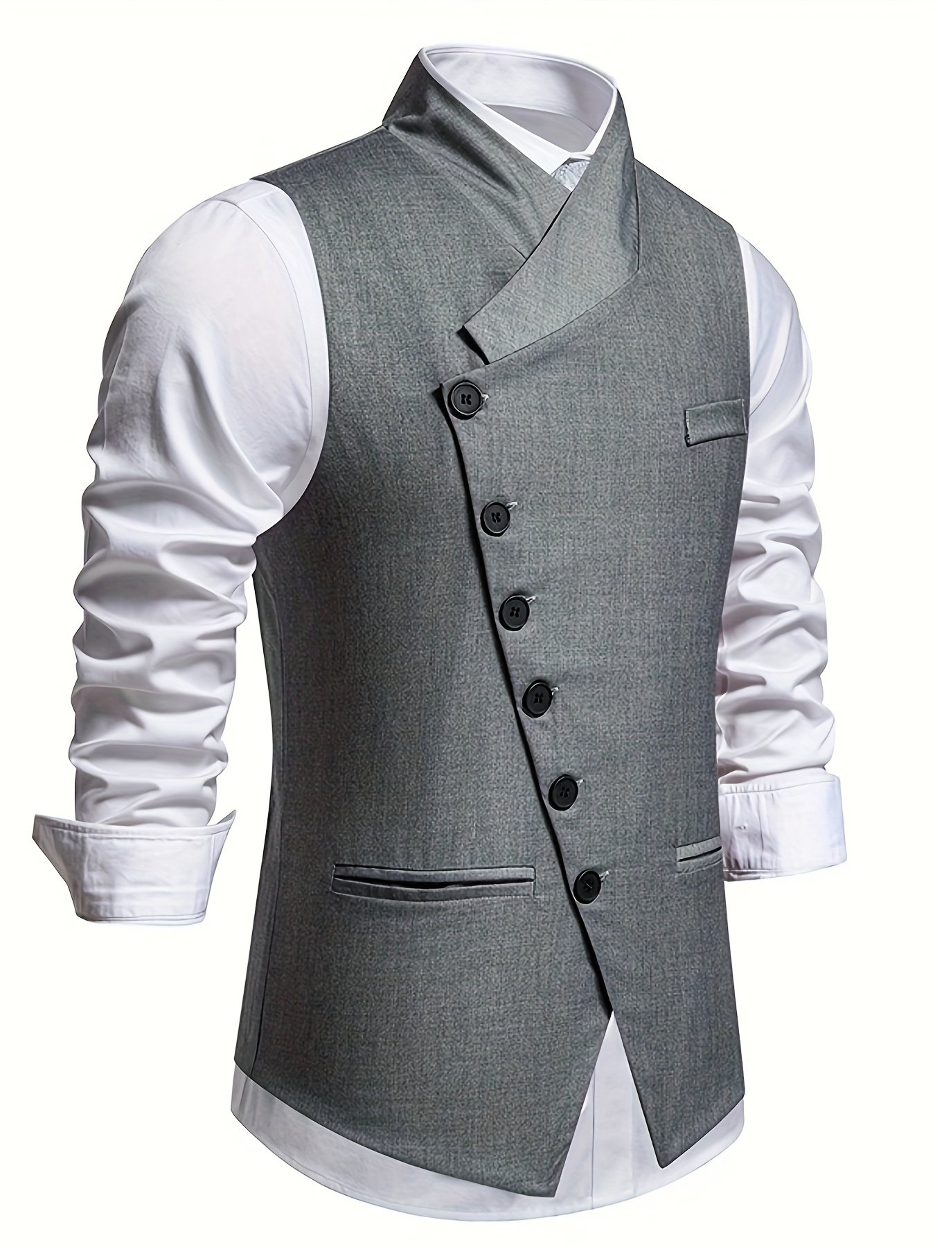 225ed924-3a01-4103-9515-8d68ee14d237.jpg Stylish Men's Single-Breasted Suit Vest, Party Wedding Stage Slant Button Half-Notch Lapel Vest - Image 1