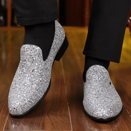 Men'S Glittery Golden Loafers - Stylish Slip-On Dress Shoes with Sparkling Sequin Design, Comfortable Non-Slip Rubber Sole, Perfect for Parties, Weddings & Casual Events, Dressy Shoe