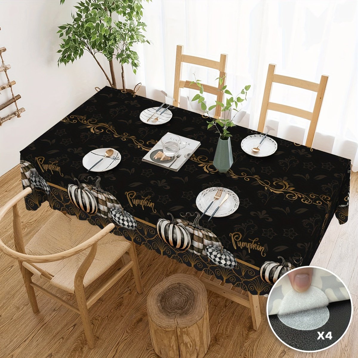 22825d2f-13cd-4c59-8fe7-dfd05c2d7931.jpg 1pc Elegant Pumpkin Art Tablecloth - Autumnal Black with Golden & White Design, Polyester, Machine, Rectangular - Perfect for Thanksgiving, Indoor/Outdoor Dining, Lunch & Dinner Decor, Thanksgiving Table Decor | Elegant Table Setting | Decorative Fabri - Image 1