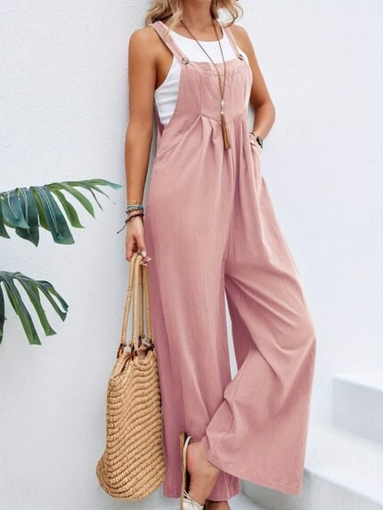 Scacto AYA Women's Summer Casual Wide Leg Sleeveless Overalls 2025 Y2K Jumpsuit with Patched Pockets Bow Detail