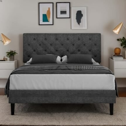 Twin/Full/Queen/King Size Bed Frame With Headboard, Linen Fabric Upholstered Bed Frame With Wood Slats (mattress Not Included), Wood Slats For Easy Assembly, Button Tufted, Christmas Gift, Christmas Discount, White/Blue/Dark Gray/Light Gray/Pink