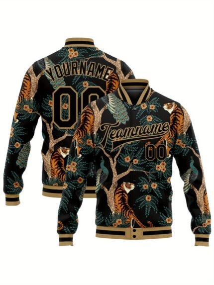 Custom Tiger Peacock Men's Baseball Jacket, Animal Print Design, Durable and Stylish Casual Wear