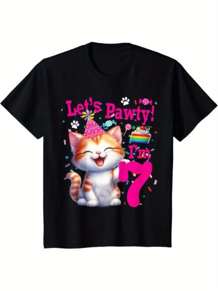 Boys Girls Lets Pawty I'm SEVEN (7)! Kitten Cats Themed Birthday Party T-Shirt, for Boys Fashion Trend Bottoming Shirt Breathable, Moisture Wicking, Casual Comfortable Top Streetwear Fashion Casual Summer Tee Crew Neck Short Sleeve T-Shirt