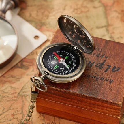 1pc Vintage Compass Pocket Watch with Flip Lid - Heavy-Duty Construction, Compass Rose Dial, Flip-Top Case, Brown/Black - for Hiking, Mountaineering, Survival, Everyday Carry - No Batteries Needed, Mechanical Directional Device - Ideal for Outdoor Adventures & Emergency Navigation - Ornate Black Dial with Golden Hands, Compact & Portable, Suitable for Outdoor Sports and Exploration, Pocket Watch Compass Mini, Compass Keepsake
