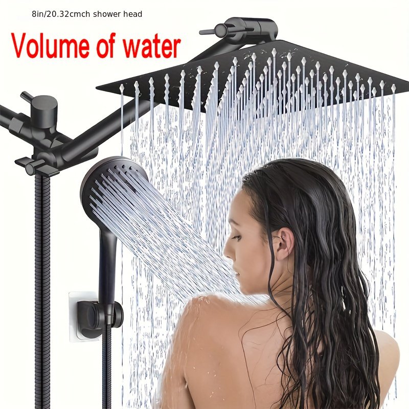 24f1a2d6122f4dbd8c427182872a7e90-goods.jpeg Shower head combination, 8 "/ 10"/ 12 "square top spray shower kit, 3 function handheld shower head, stainless steel adjustable Angle extension arm, low water pressure durable, with long hose - Image 1